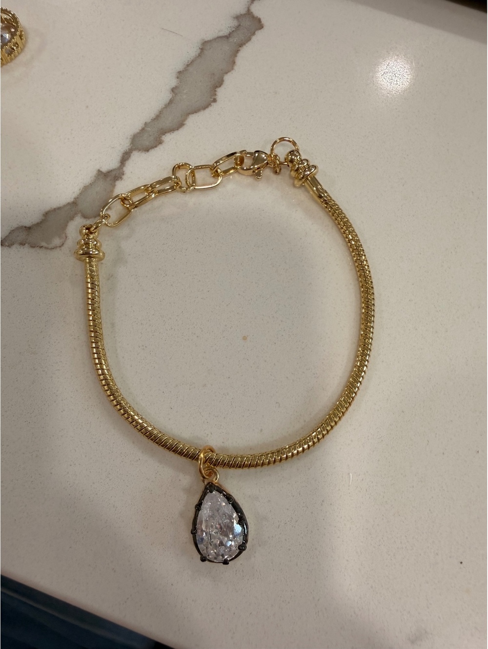 Gold Tone Bracelet with Teardrop Clear Crystal Charm